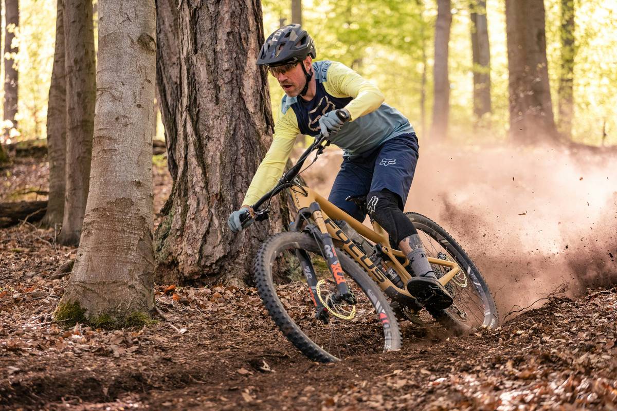 mountain ebike tour through pine forest with rider on electric bike climbing trail