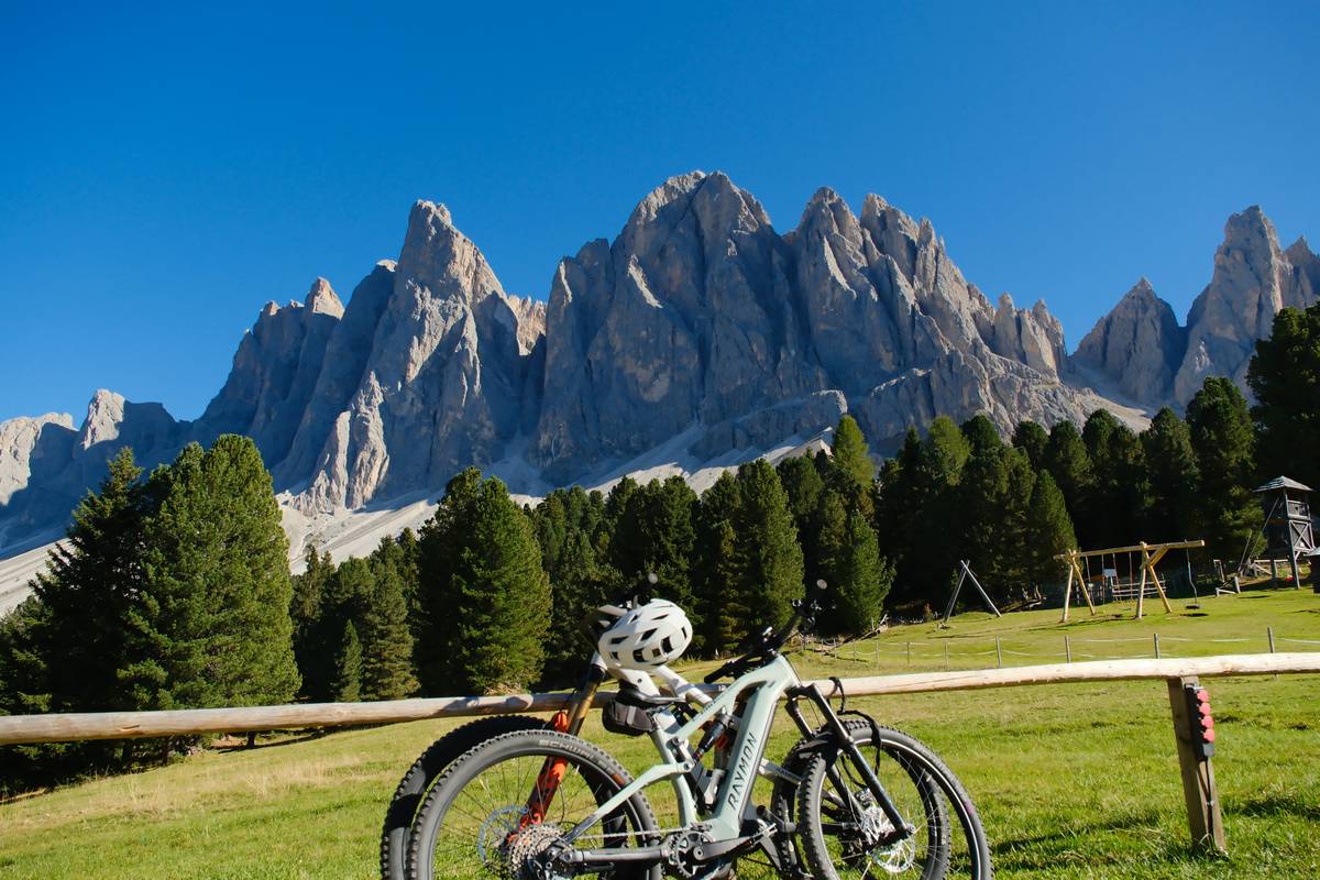 Rider navigating a rocky descent on a rugged ebike trail with pine forest backdrop